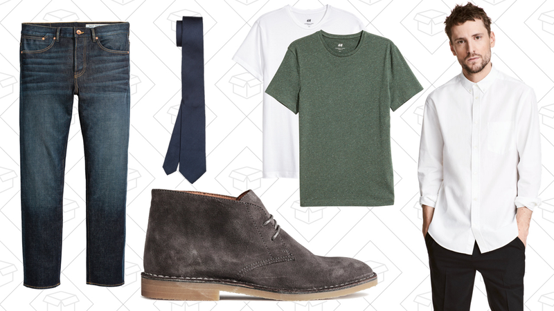 360° Tech Stretch Jeans, $30 | Silk Tie, $15 | Suede Desert Boots, $70 | 2-pack T-shirts Slim Fit, $13 | Pima Cotton Oxford Shirt, $35